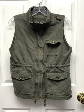 Cargo Utility Vest Olive Green Drawstring Waist Full Zip Snaps Women’s Size M/L